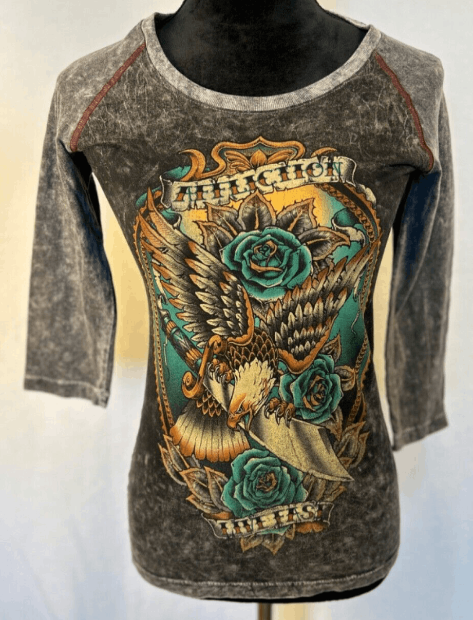 NWOT Affliction 3/4 Sleeve Shirt Live Fast Roses Eagle Gray Distressed, XS