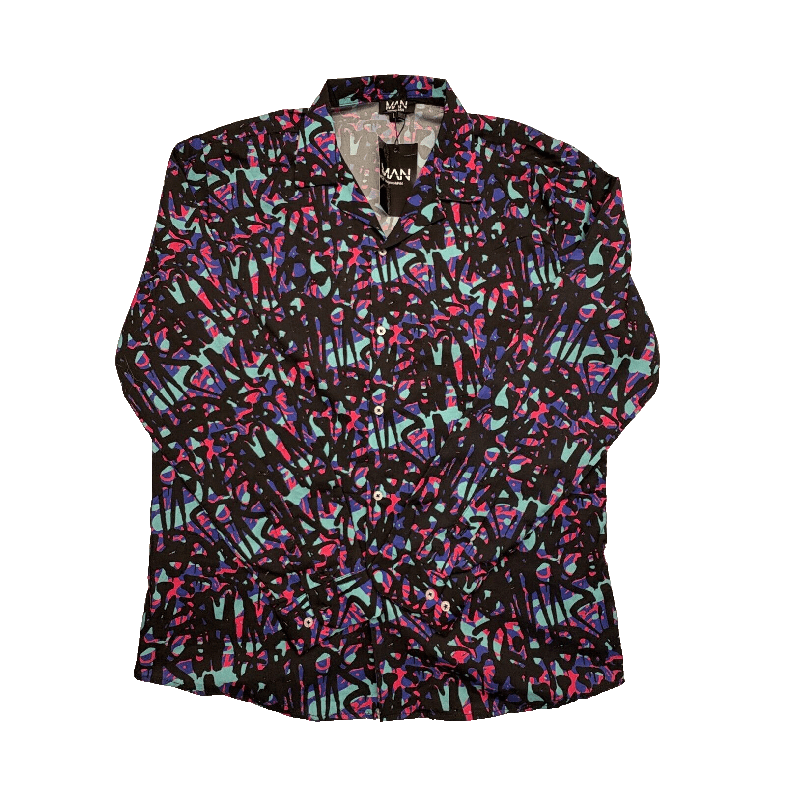 NWT boohoo Man LS Rever Collar Graffiti Print Shirt Large