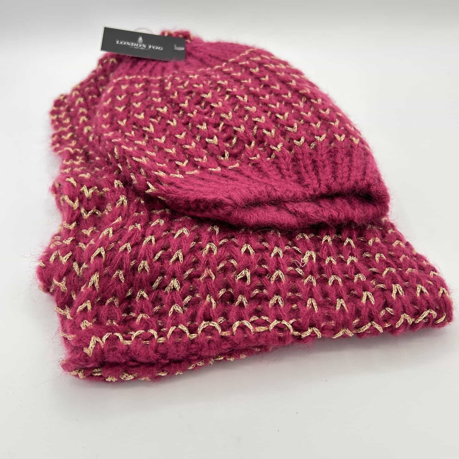 NWT LONDON FOG Hat and Scarf Set CRANBERRY/GOLD METALLIC Women