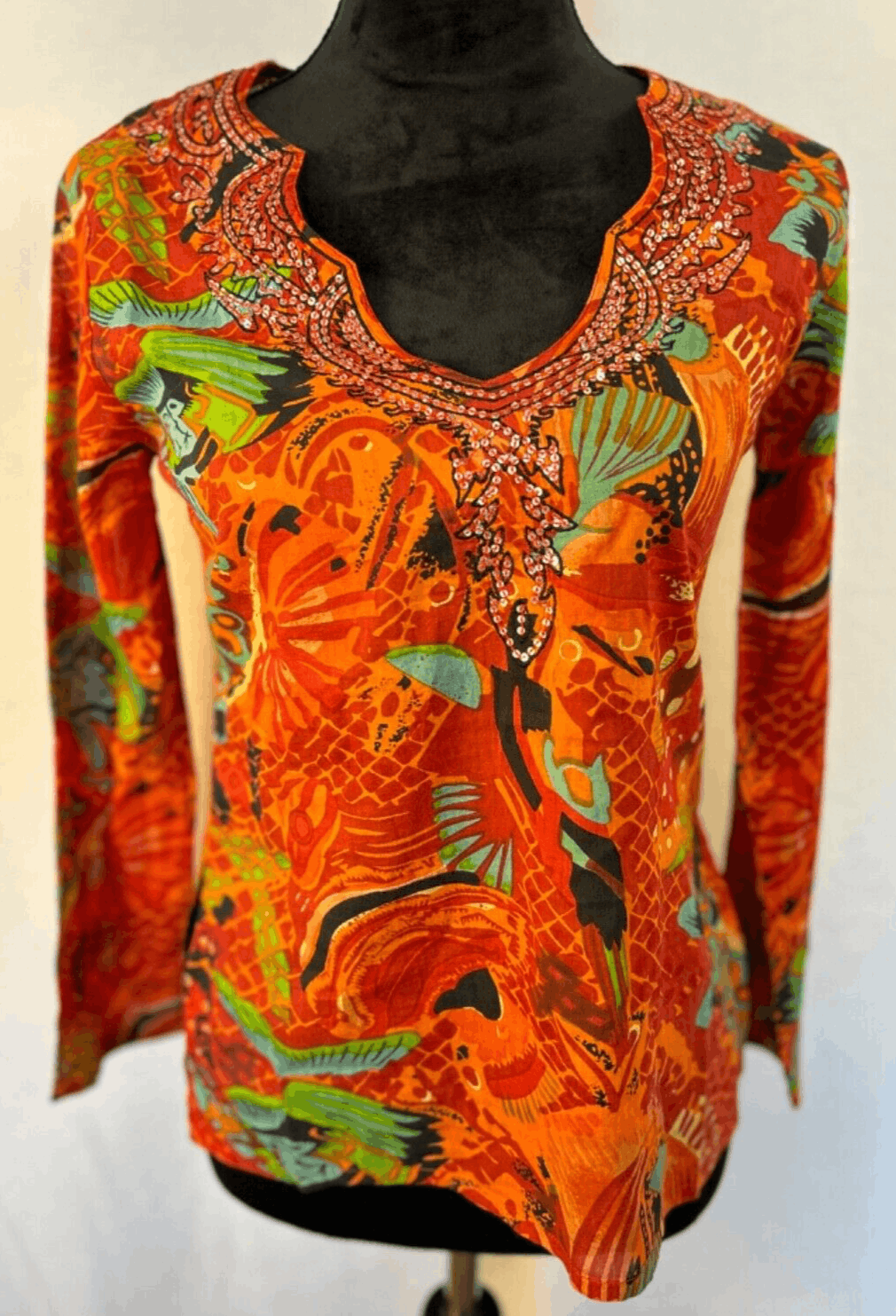 NWT RAGA Women's Boho Floral Red Orange Sequin Top Blouse, XS