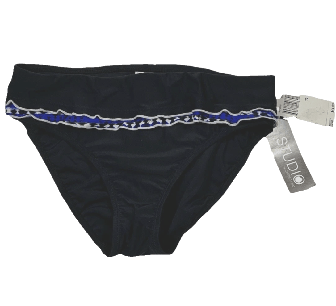 NWT Women's Studio by Christina, Classic Bikini Bottoms Black/Navy, 10