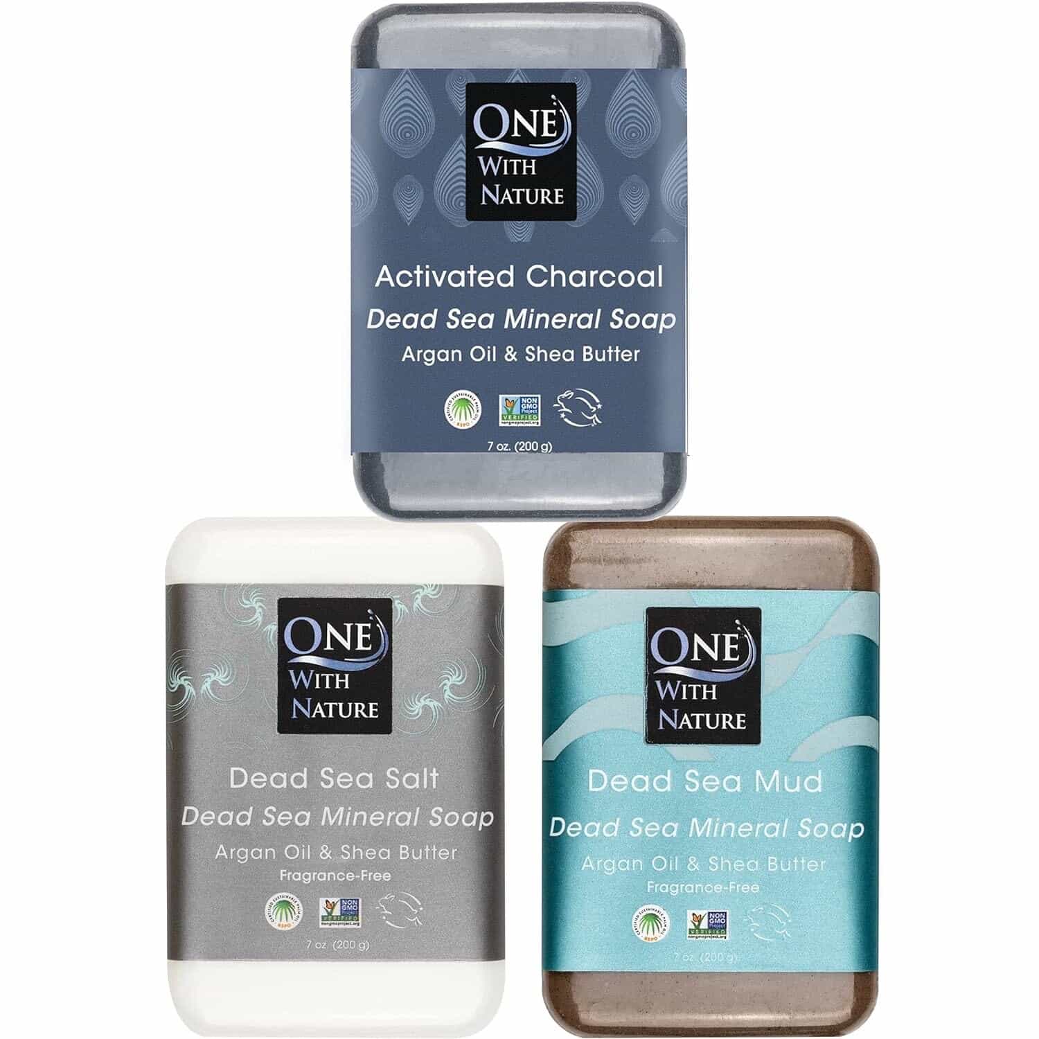 One with Nature Soap Bars 3 Bar Variety Pack, Charcoal, Sea Salt, Sea Mud, 7 oz