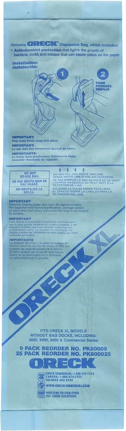 Oreck Standard Filter Bags 2000, 8000, 9000, Commercial Without Bag Dock 25 Pack