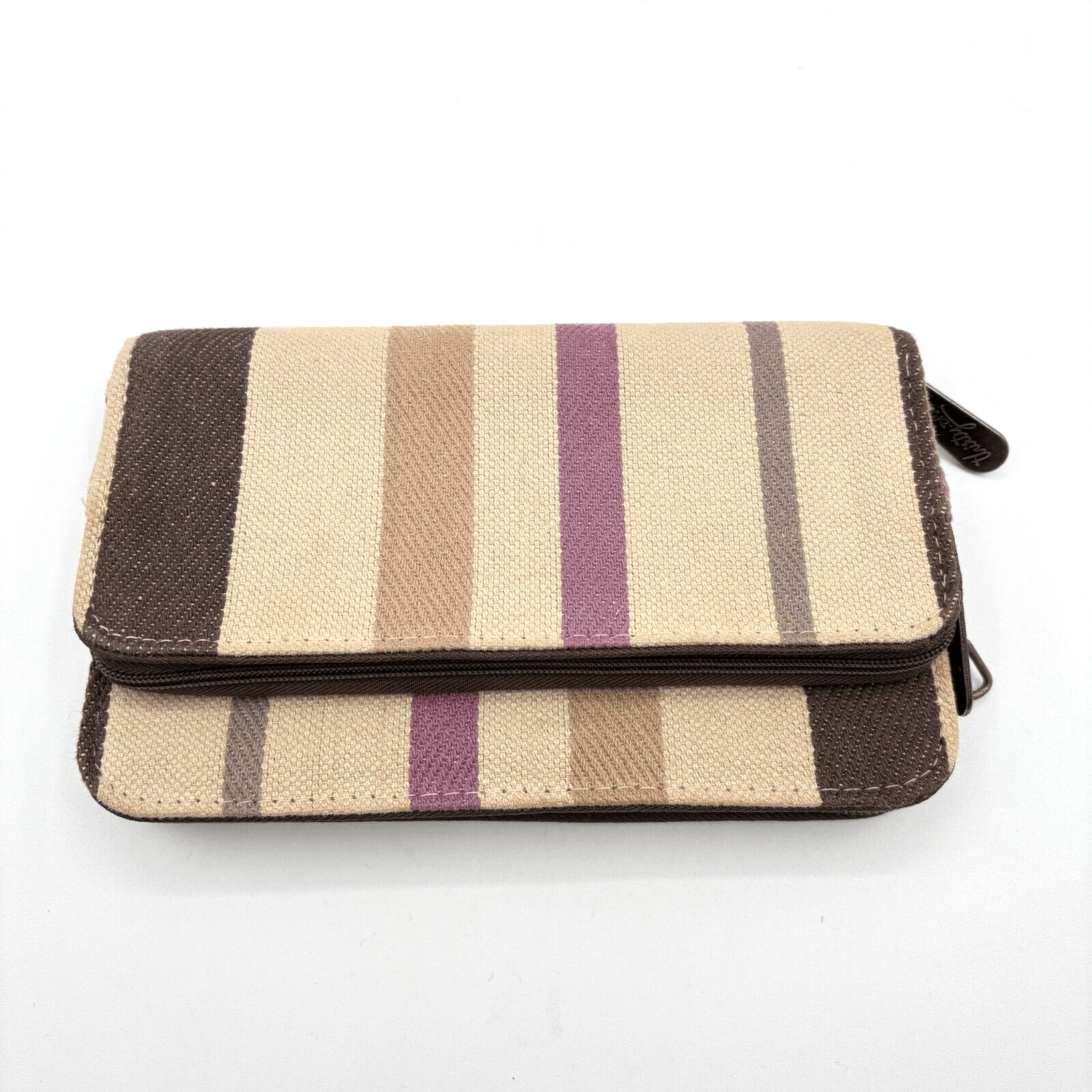 Thirty-One 31 Wallet Three Zipper Tan Purple Stripes Canvas Twill
