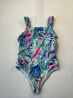Tommy Bahama One Piece Swimsuit Tropical print Toddler Girl Size 8 Blue See Pics