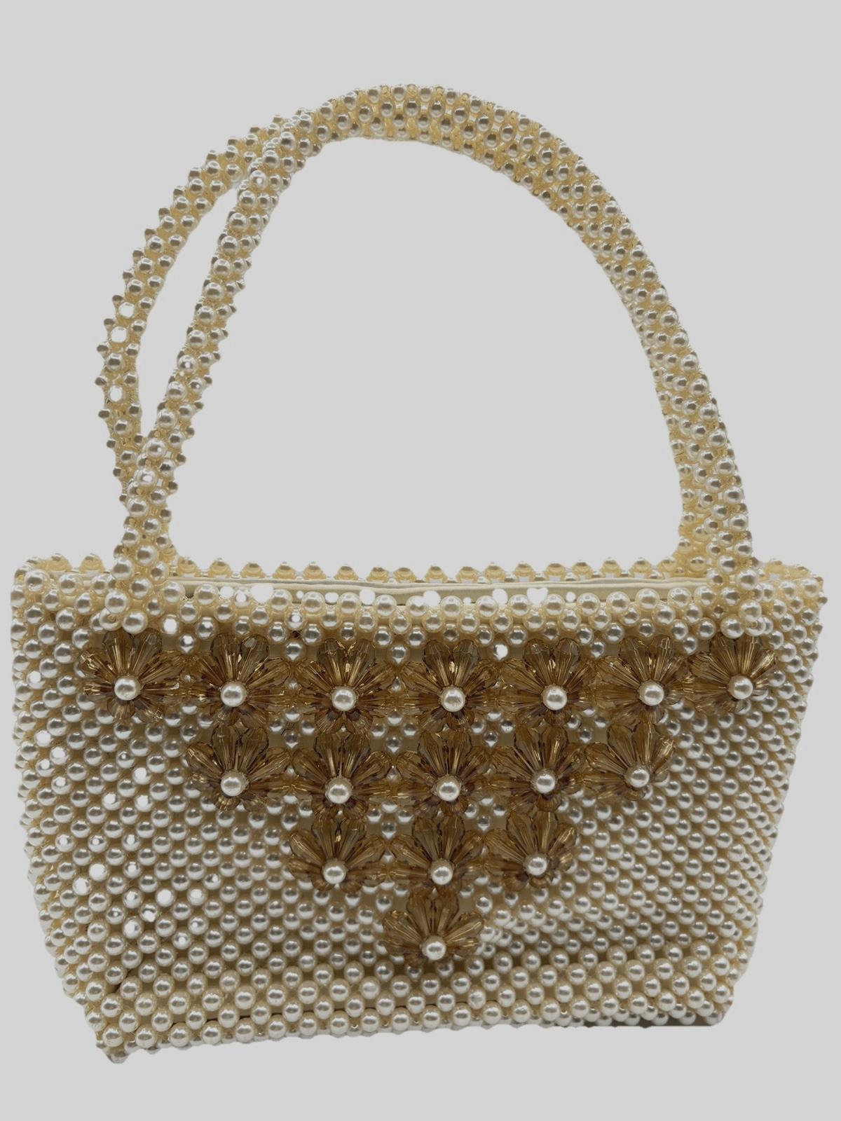 Vintage Pearl Beaded Purse 1950's Ivory W/ Amber Flowers Very Cute Easter Church