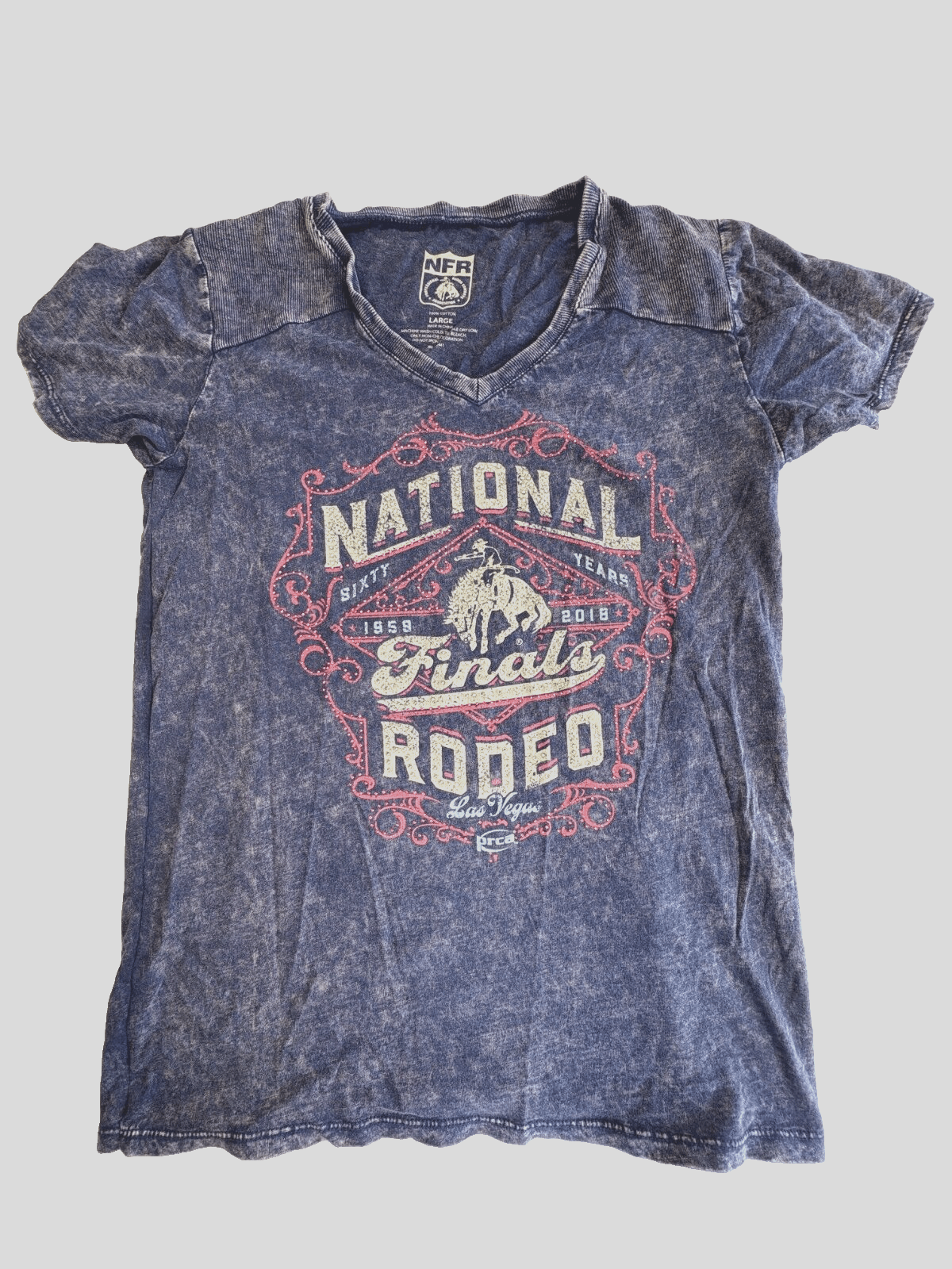 Women's Distressed PRCA National Finals Rodeo 2018 Blue T-Shirt Rhinestones L