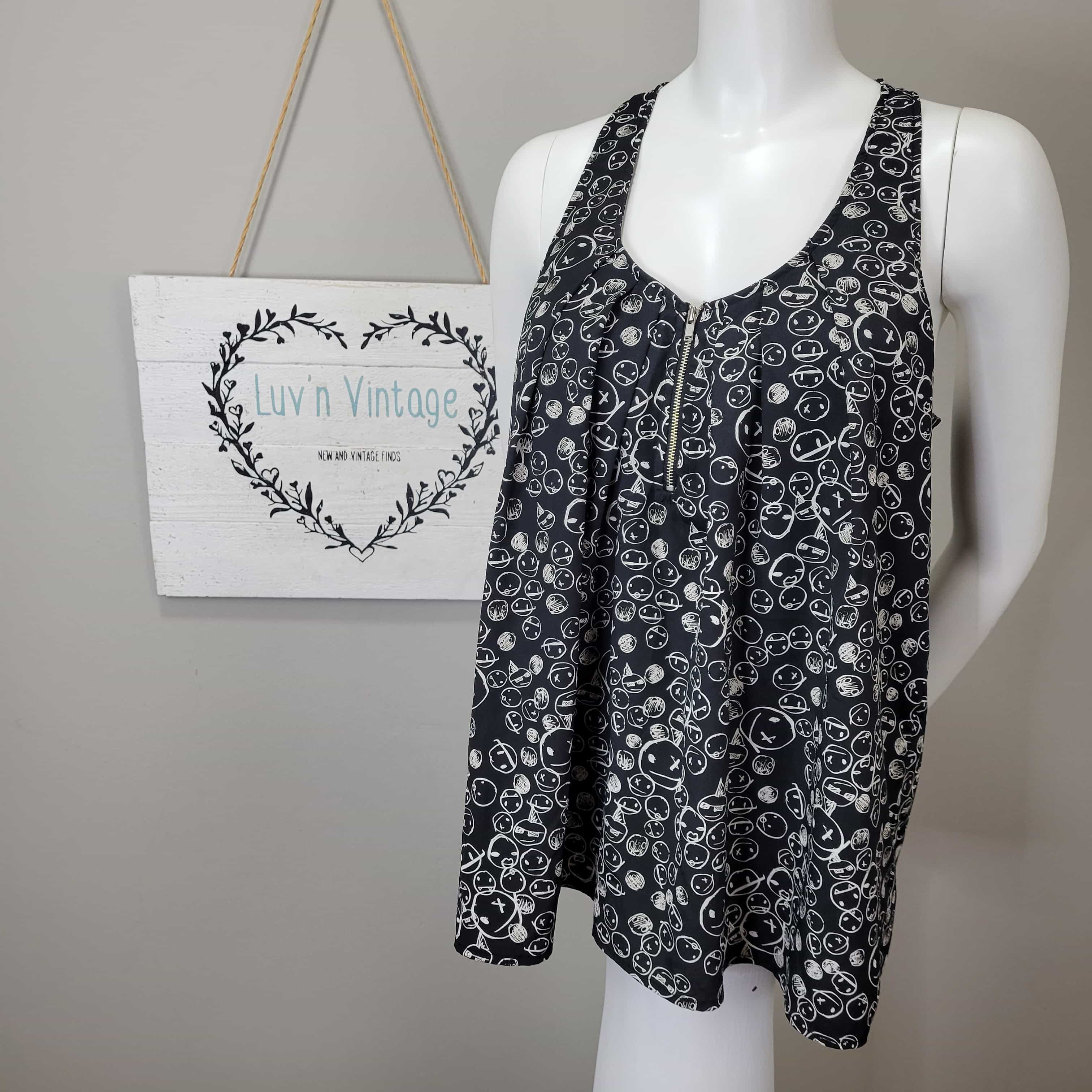 d'closet Smiley Face Tank Top Racerback Sleeveless Black White Patterned Casual