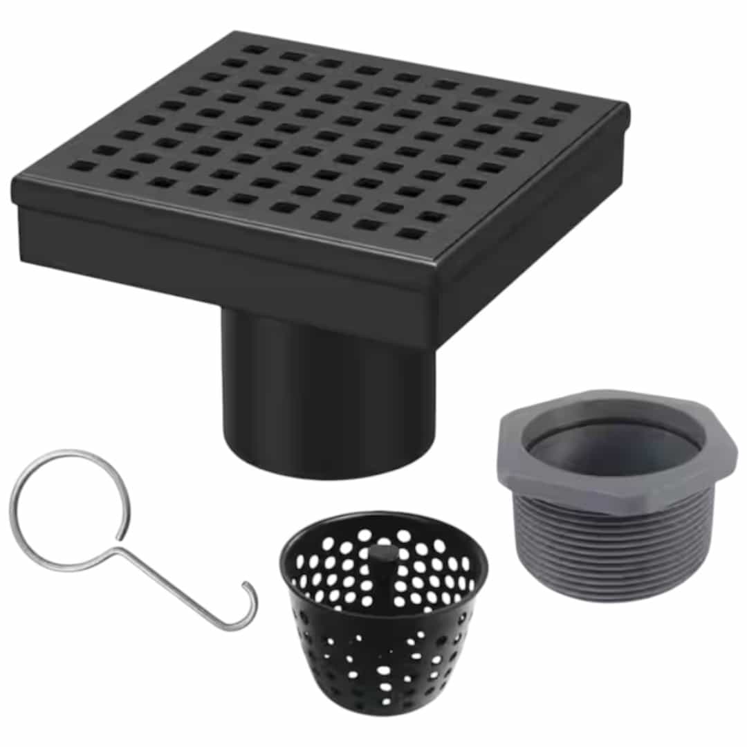 RELN FD0402SQBK 4 in. x 4 in. Matte Black Square Shower Drain with Square Pattern Drain Cover