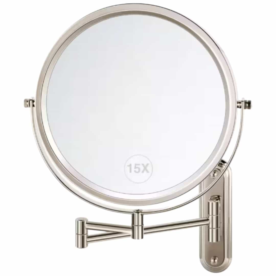 GQB HD-WML85-N10X 8.5 in. W x 8.5 in. H Round 1x/15x Magnification,Swing Arms Wall Mount Bathroom Makeup Mirror in Brushed Nickel