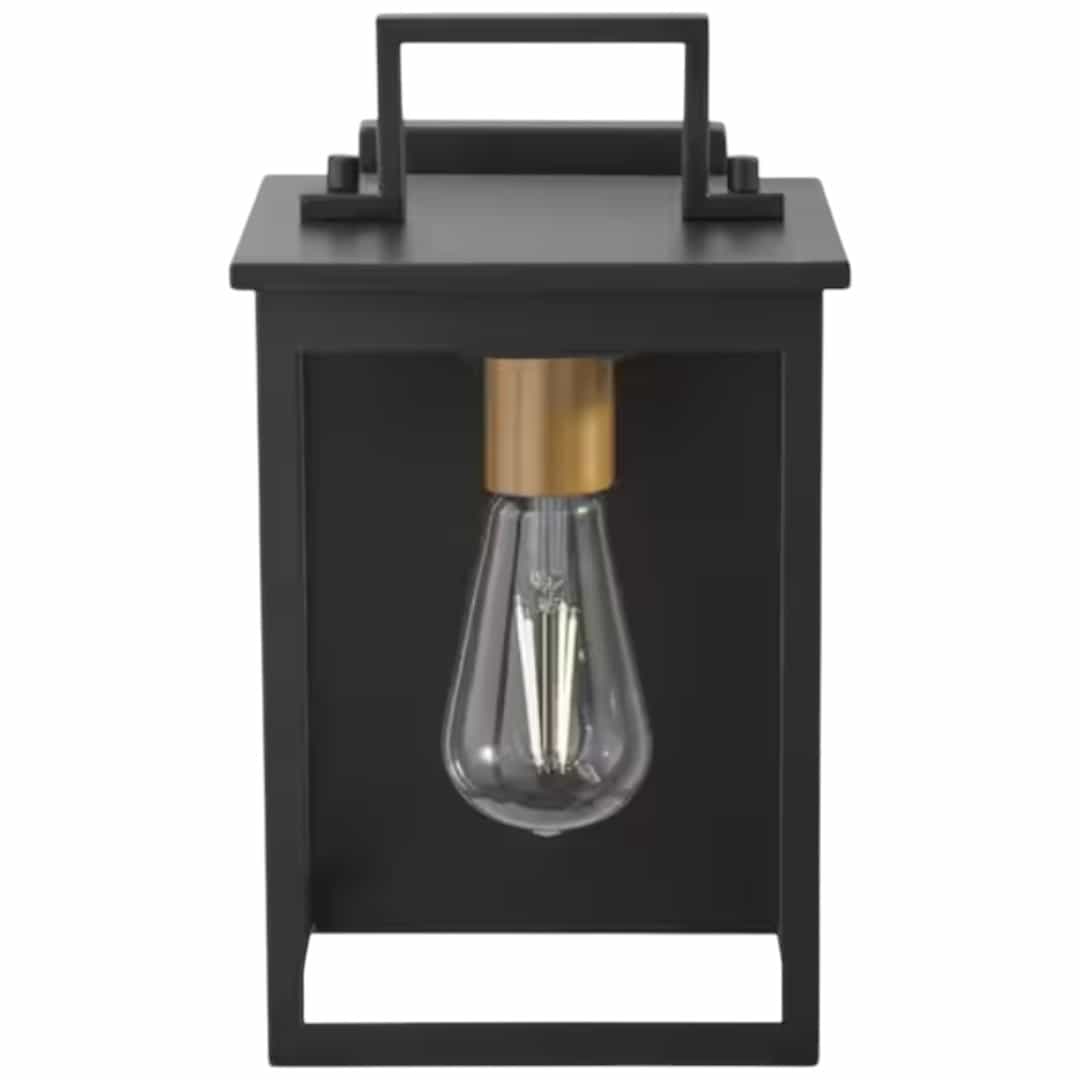 HB7095-43 Autumnhill Matte Black with Gold Accents 1-Light Hardwired Outdoor Porch Light Wall Lantern Sconce with No Bulb Included