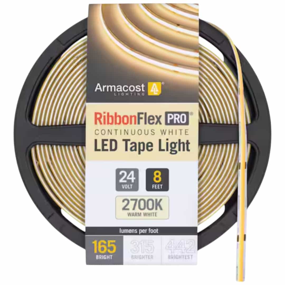 Armacost Lighting 171110 RibbonFlex Pro 24-Volt White COB 8.2 ft. Dimmable Cuttable Integrated LED Strip Light Tape 2700K 165 Lumens/ft