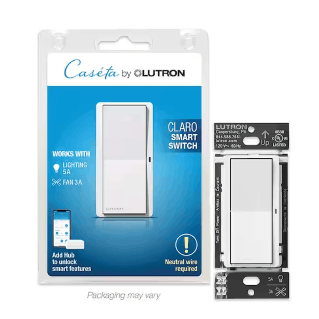 Lutron DVRF-5NS-WH-R Claro Smart Switch for Caseta, On/Off Control of Lights/Fans, 5-Amp/Neutral Wire Required, White (DVRF-5NS-WH-R)