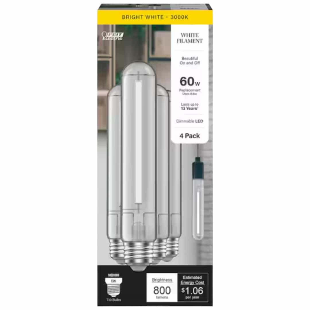 Feit Electric T10L60CL930CAWFHDRP4 60W Equivalent T10L Dimmable Straight White Filament Clear E26 Vintage Edison LED Light Bulb Bright White 3000K (4-Pack)