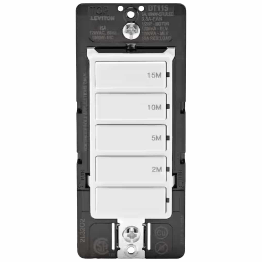Leviton 002-DT115-1LW Decora 15 Amp 15-Minute Indoor In-Wall Timer Switch, 1/2 HP/9.8Amp Fan/Motor, No Neutral Required, Single-Pole, White