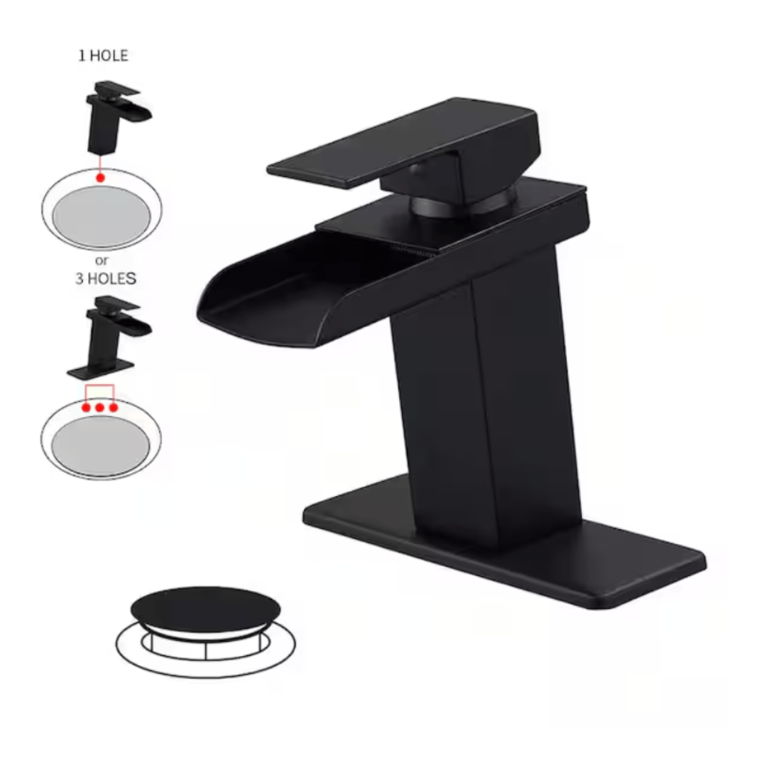 BWE A-96009-Black Waterfall Single Hole Single-Handle Low-Arc Bathroom Faucet With Pop-up Drain Assembly in Matte Black