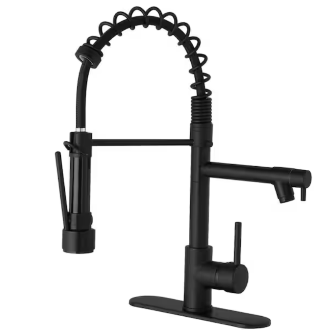 BWE A-94016-Black Single-Handle Pull-Down Sprayer 2 Spray High Arc Kitchen Faucet With Deck Plate in Matte Black