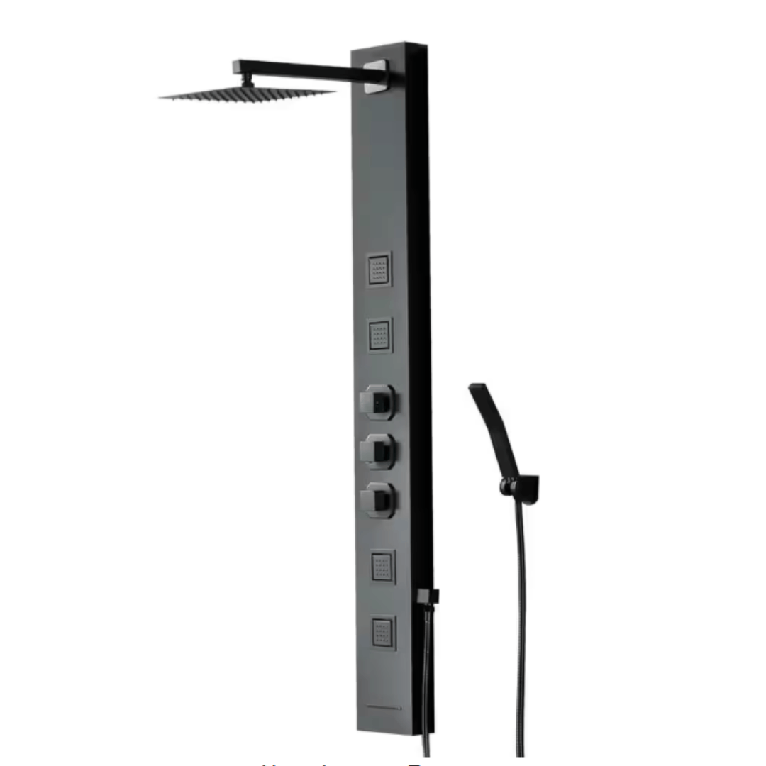 BWE YTP16-BLACK 4-Jet Rainfall Shower Panel System with Rainfall Shower Head and Shower Wand in Black
