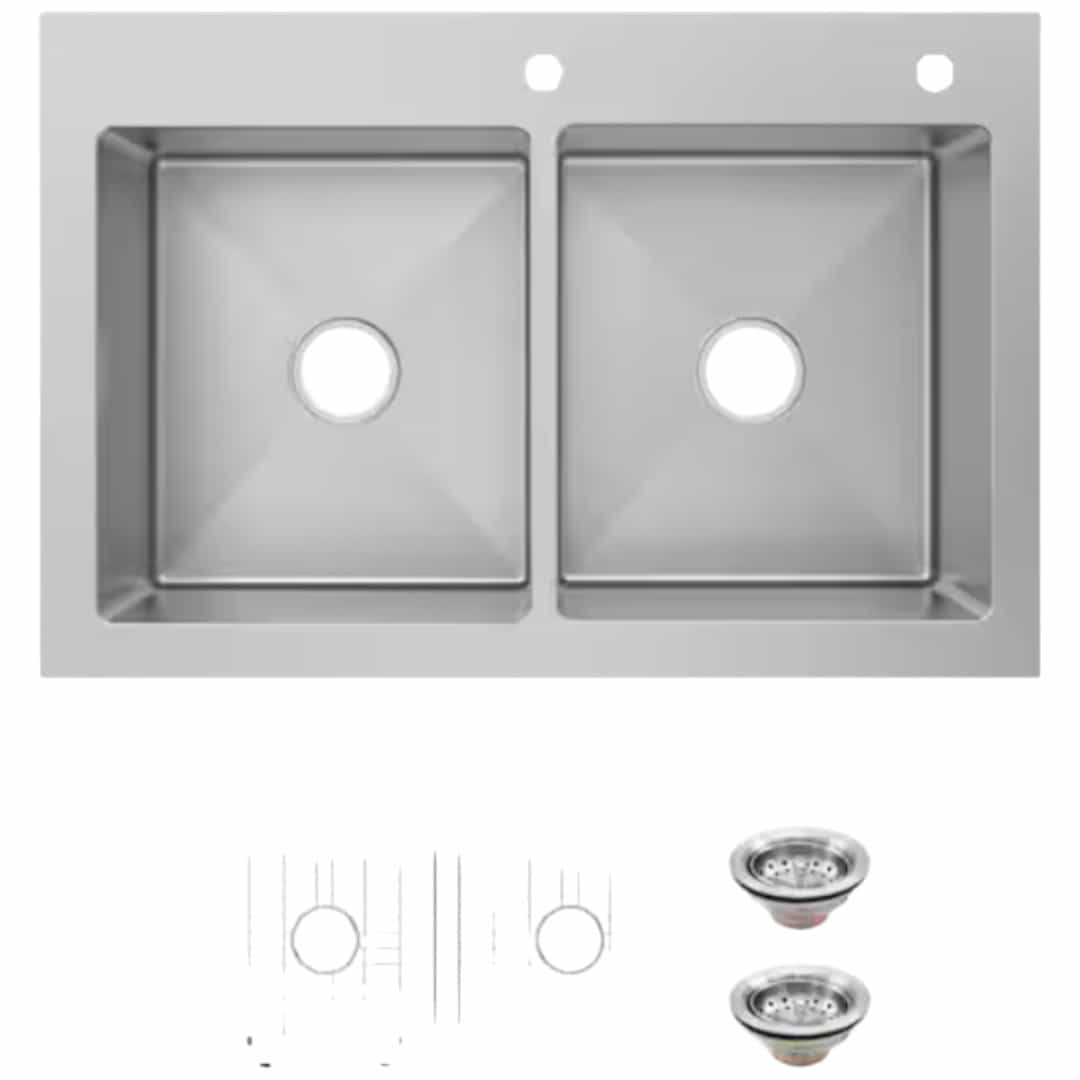 Glacier Bay VDR3322A0ACC Tight Radius 33 in. Drop-In 50/50 Double Bowl 18 Gauge Stainless Steel Kitchen Sink with Accessories