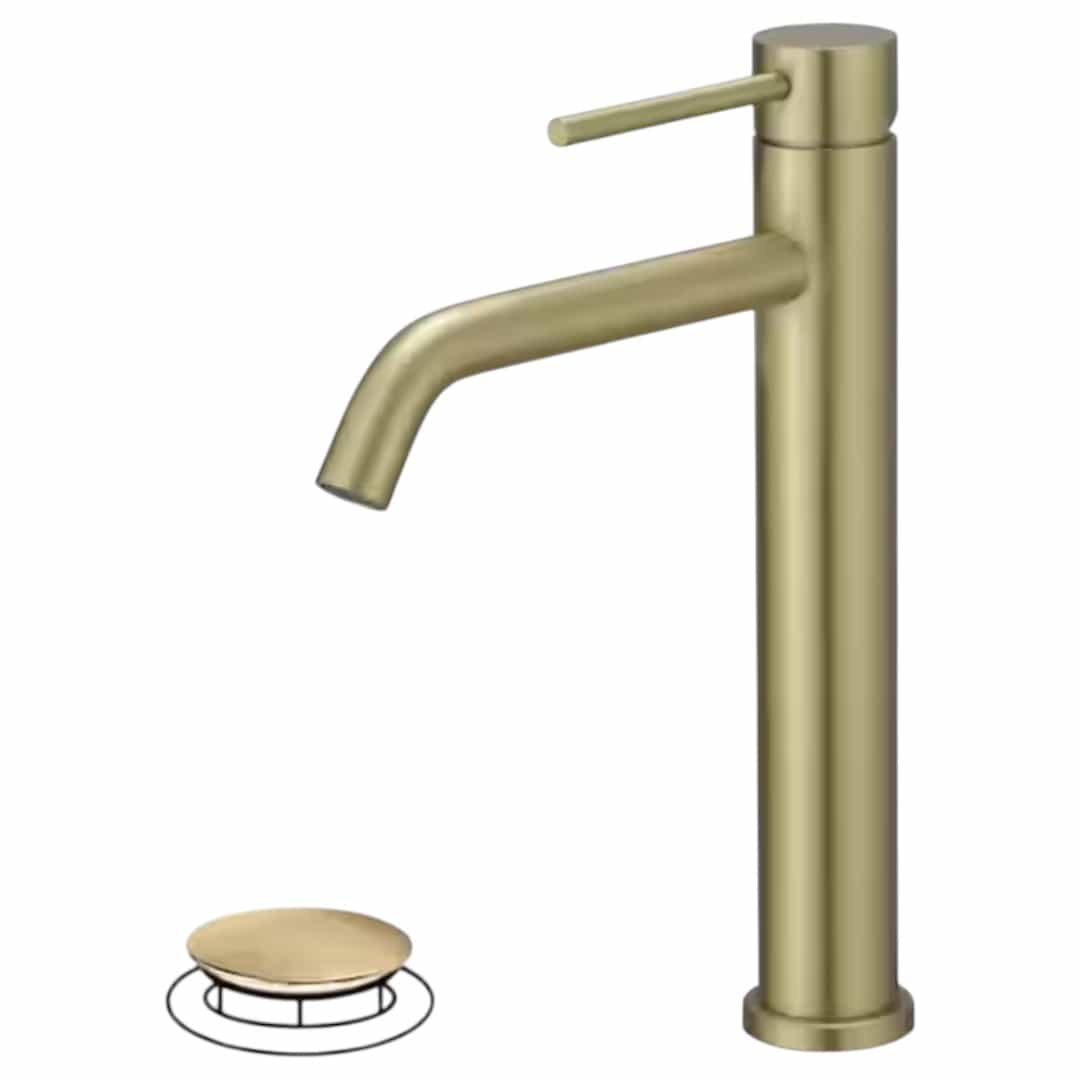 BWE A-96056H-BG-2 Modern Single Hole Single Handle Bathroom Vanity Vessel Sink Faucet with Pop Up Drain Without Overflow in Brushed Gold