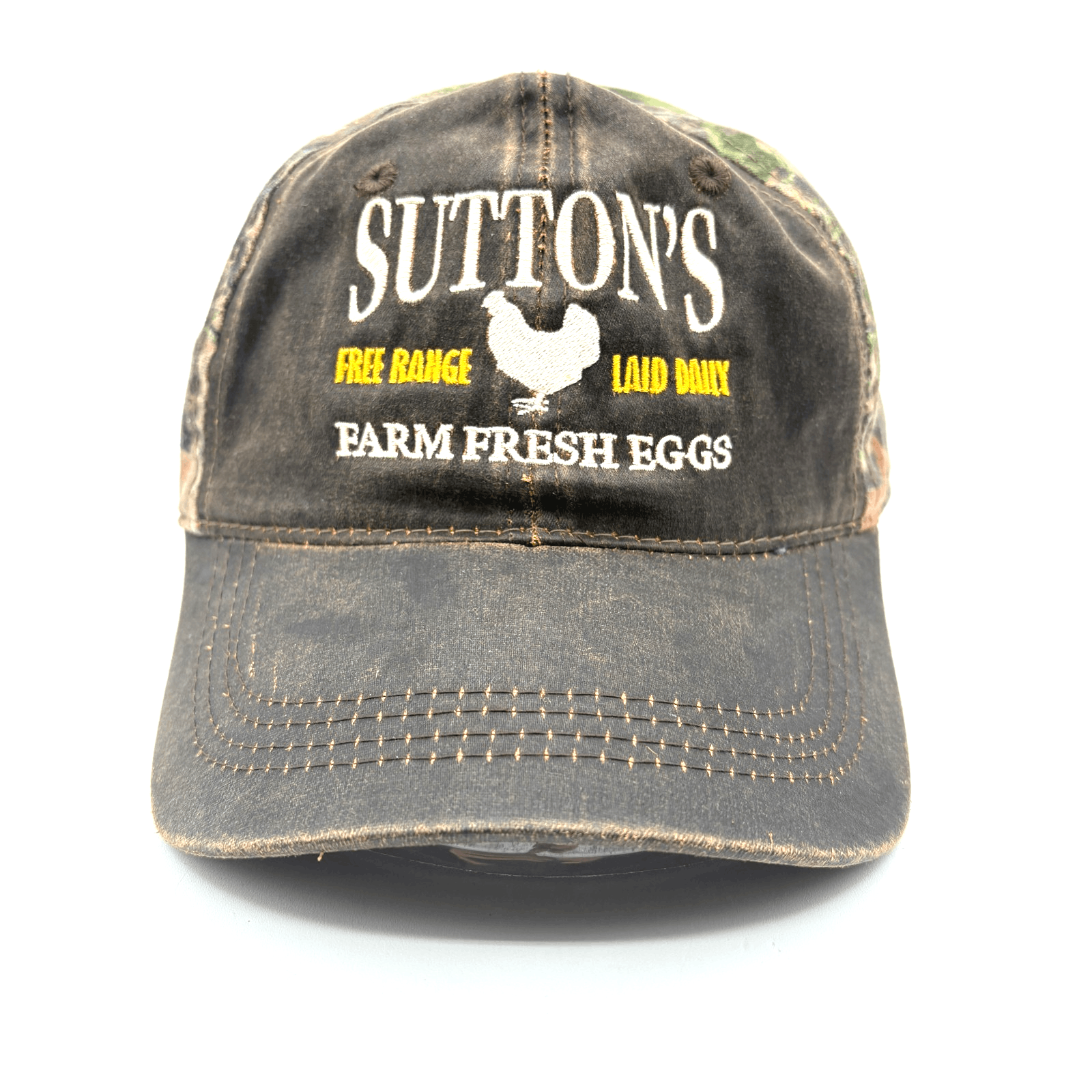 EUC Outdoor Cap Sutton's Farm Fresh Eggs Distressed Camo Adjustable Cap