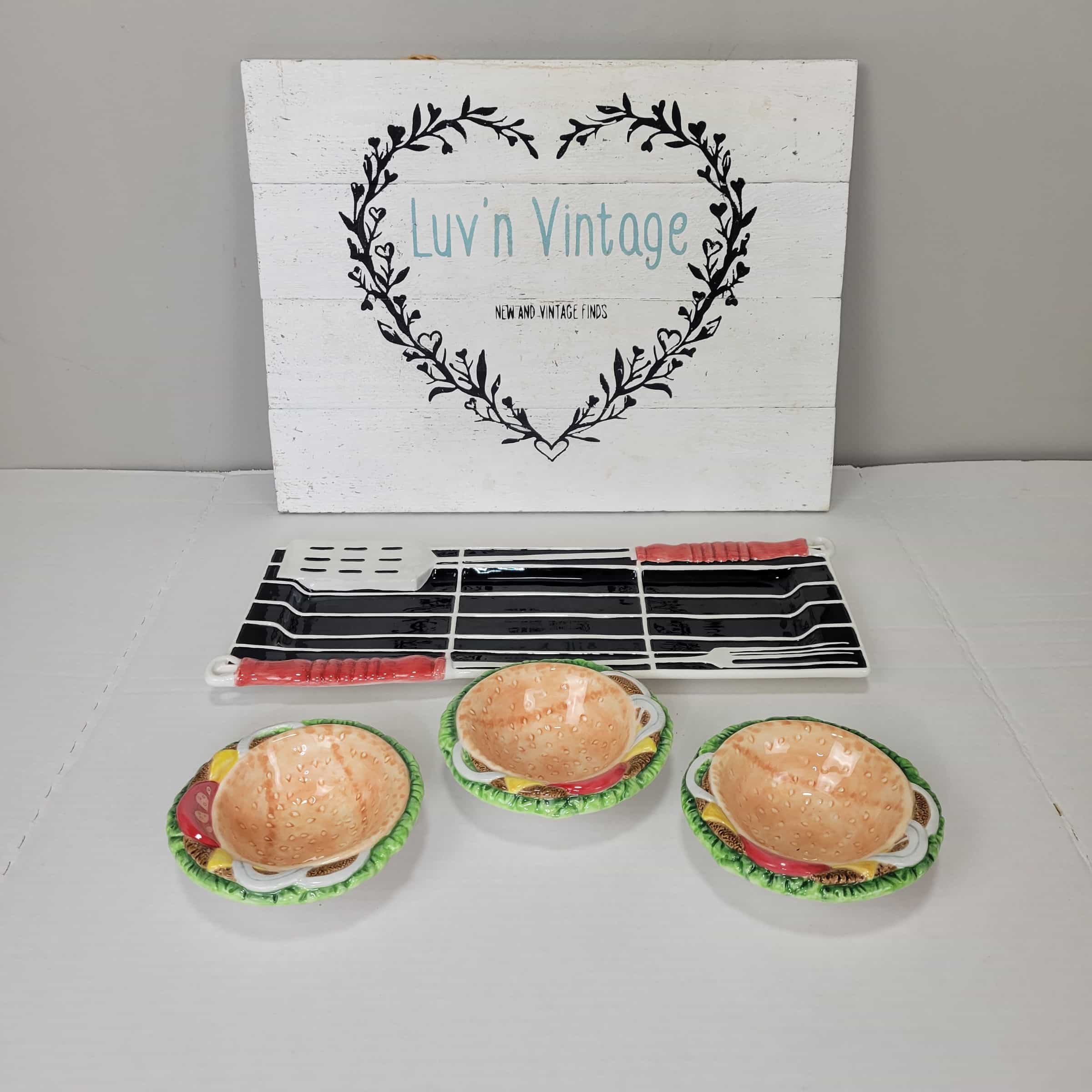 Fitz and Floyd Grillin and Chillin Burger Appetizer Platter Bowl Set BBQ Party
