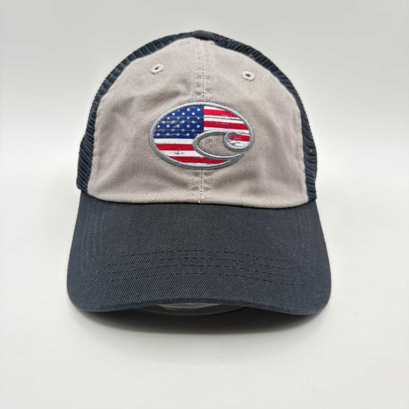NWOT Costa Blue & Gray American Flag Embroidered Mesh Trucker Adjustable Cap