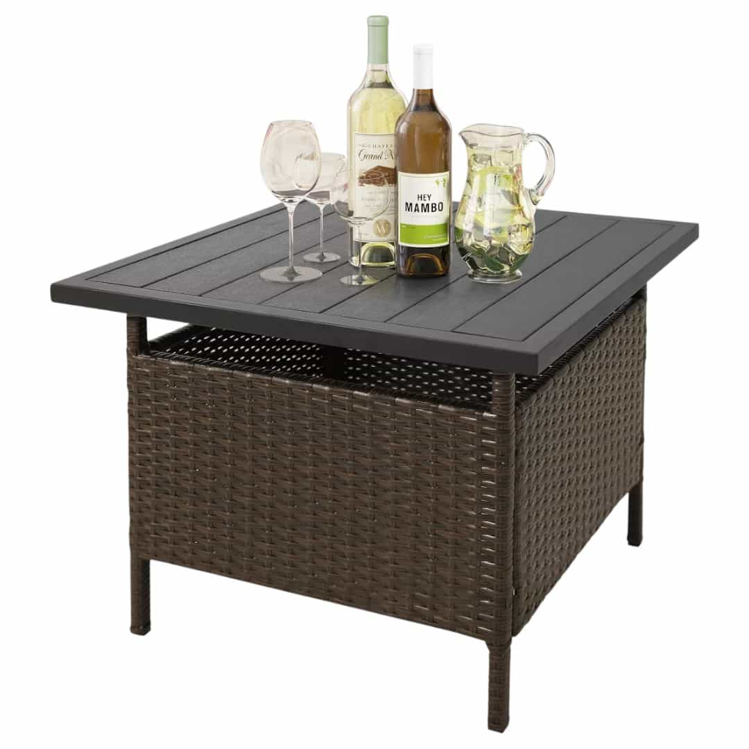 Tangkula 90178967 Outdoor Wicker Table Rattan Coffee Table w/ Umbrella Insert Hole PE Tabletop & Sturdy Metal Frame