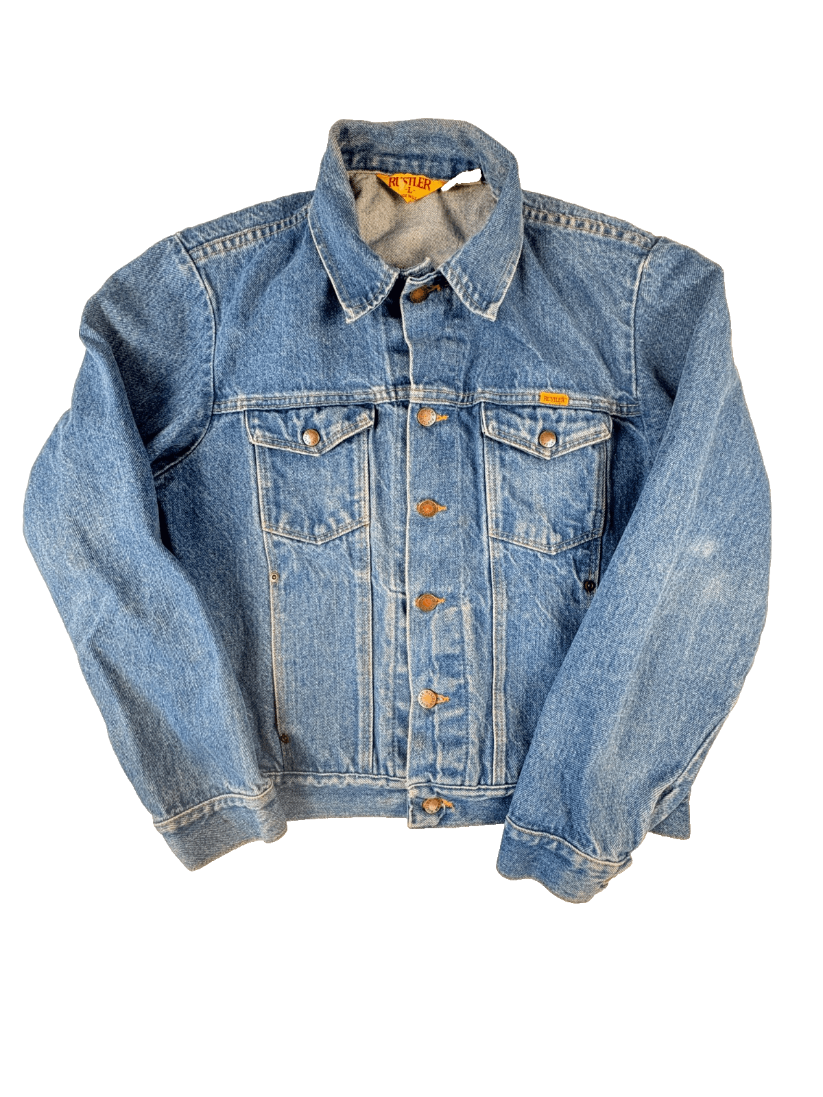 Vintage '70s Rustler Jean Jacket with Patches 79111SW Blue Denim Trucker L