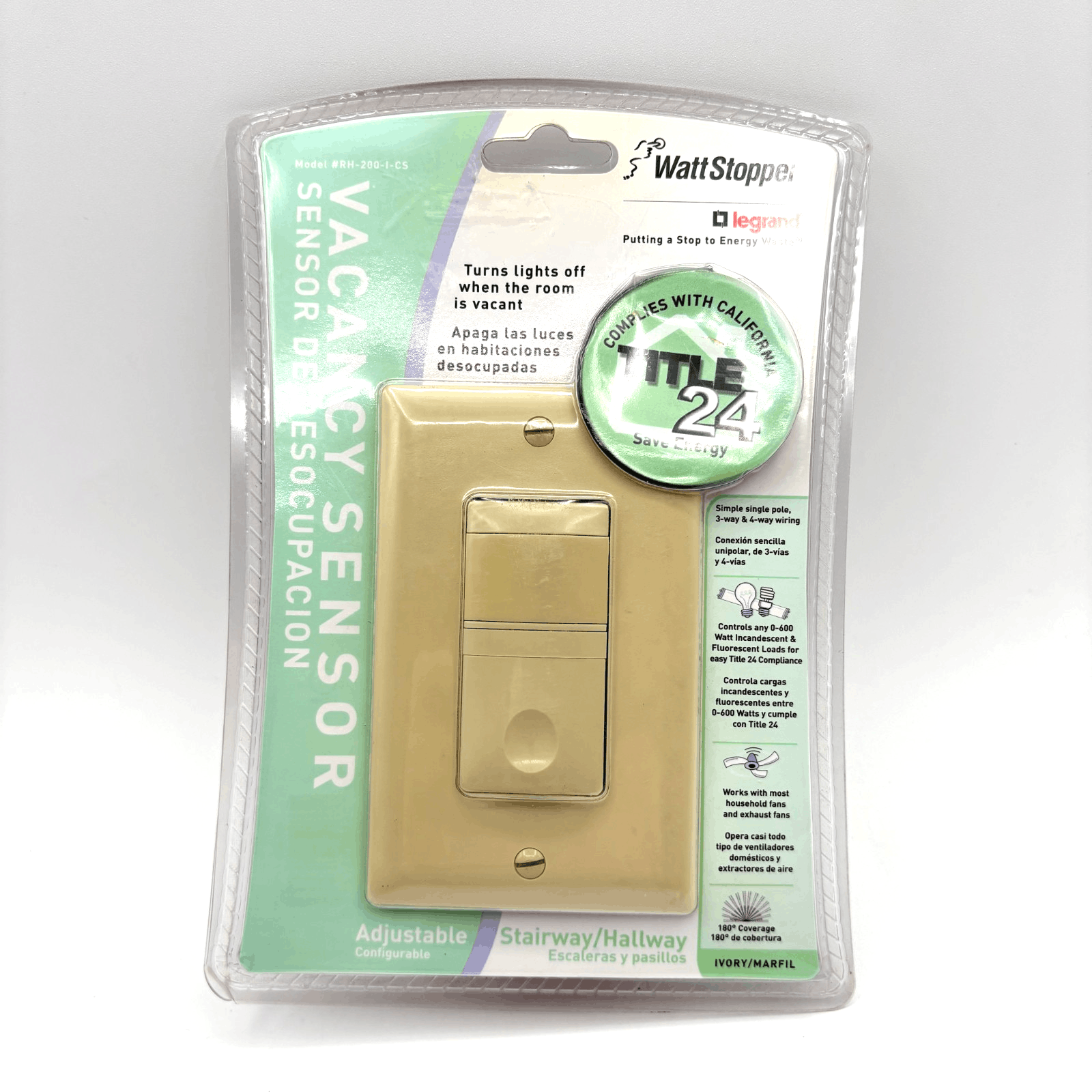 Watt Stopper Vacancy Sensor Adjustable Stairway/Hallway Ivory RH-200-I-CS