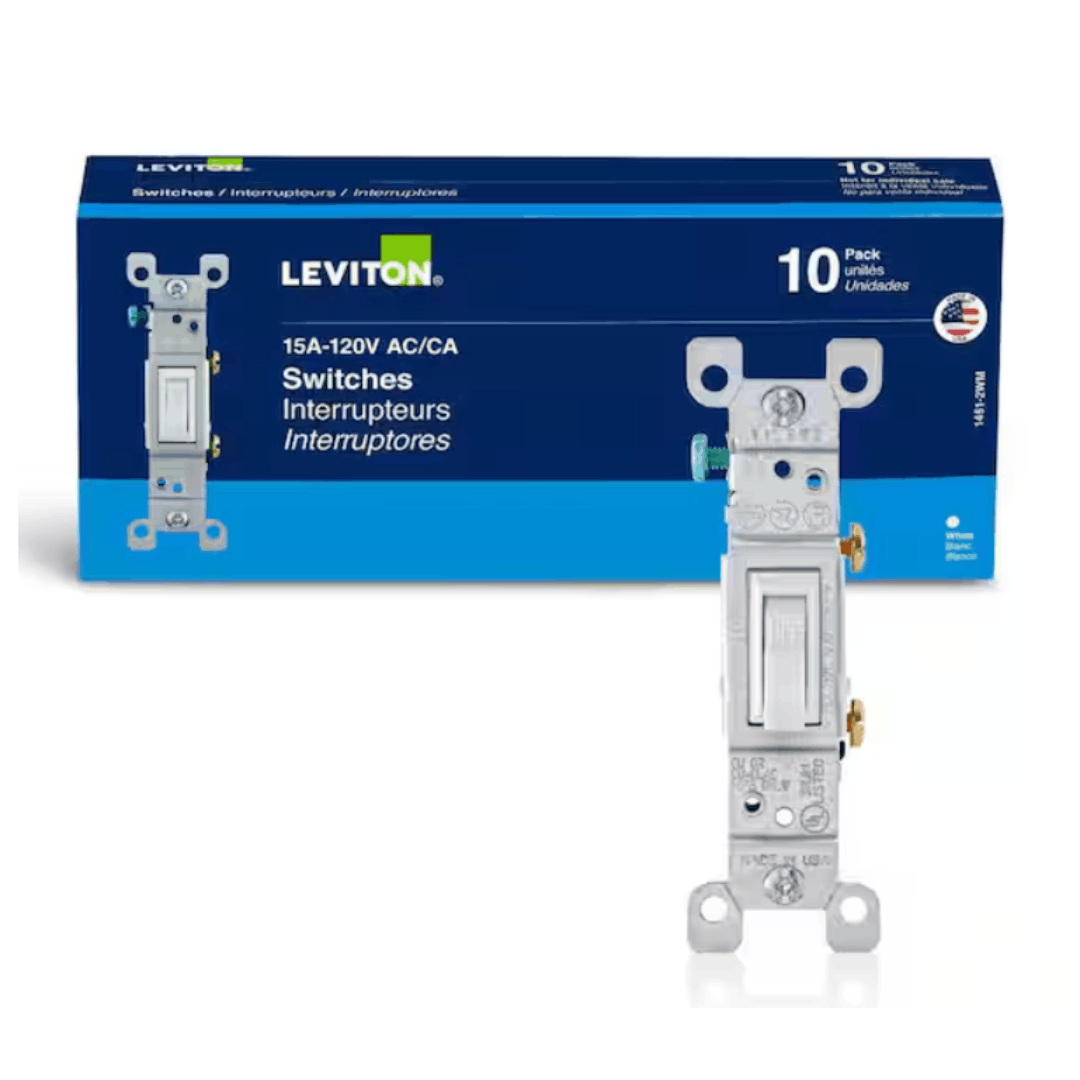 Leviton M24-01451-2WM 15 Amp Single-Pole Switch, White (10-Pack) 1451-2WM