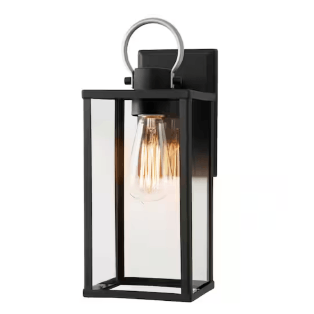 Hampton Bay DSHD33258B Rimgate 14.5 in. Modern 1-Light Matte Black Hardwired Outdoor Wall Light Lantern Sconce with Clear Glass