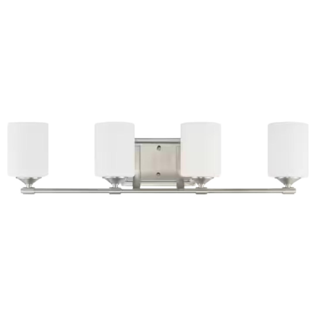 Hampton Bay DS17678D Darlington 29.5 in. 4-Light Brushed Nickel Vanity Light with Frosted Opal Glass Shades