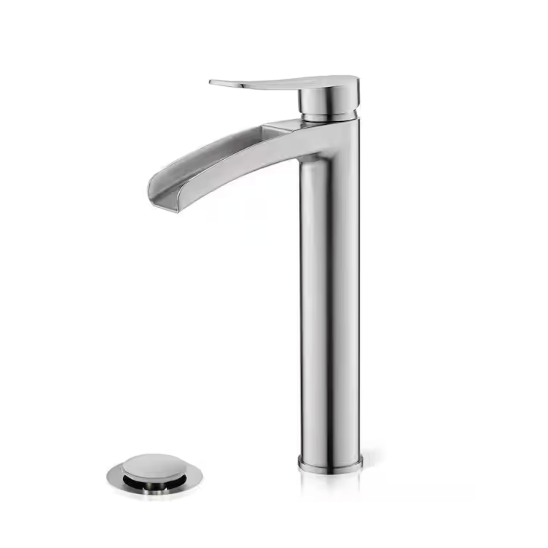 Phiestina NS-SF01-V-BN-1 Brushed Nickel Tall Bathroom Vessel Sink Faucet, Single Hole Single Handle Waterfall Modern Bathroom Faucet