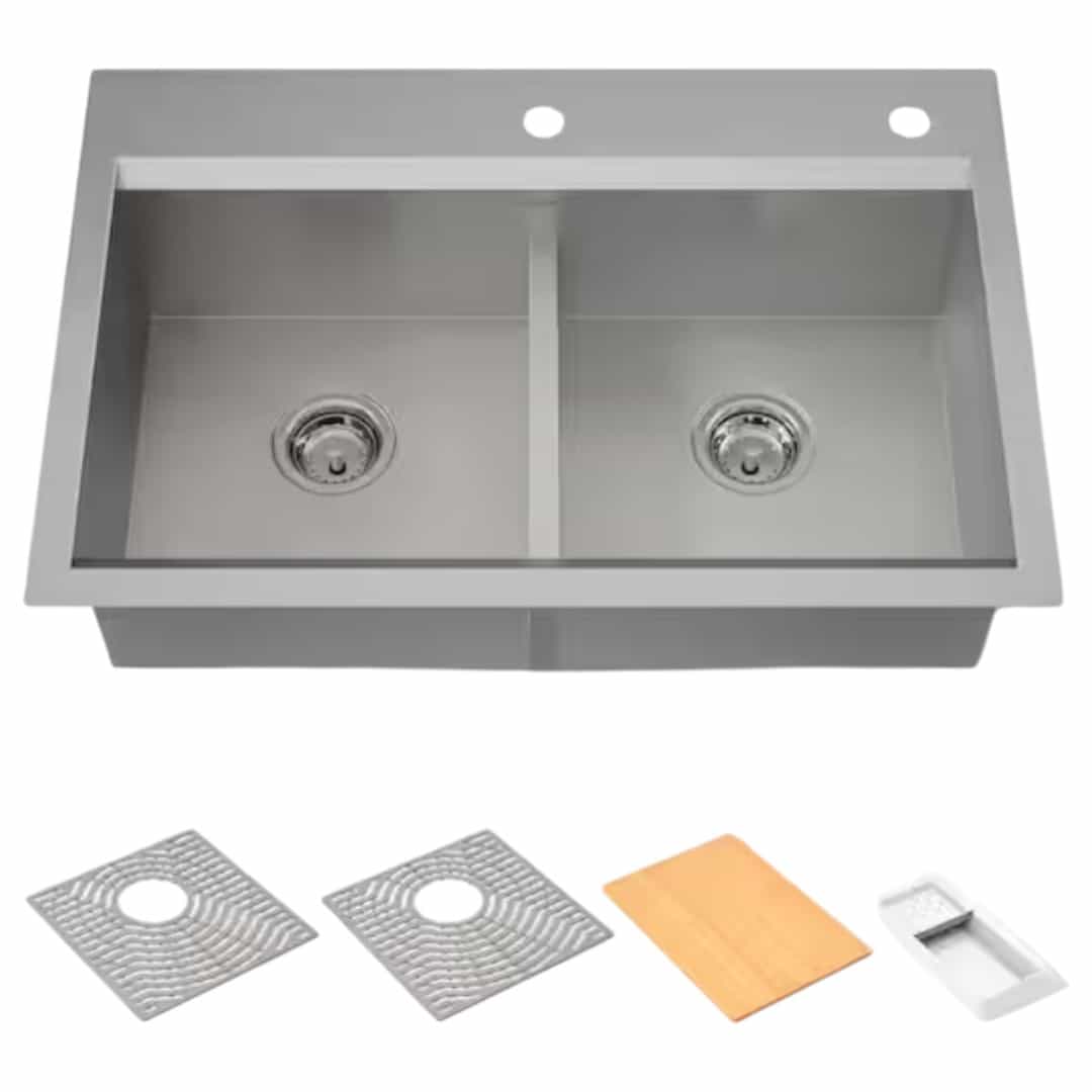 KOHLER 80085-2PC-NA Task Workstation 33 in. Drop-In Smart Divide Double Bowl Stainless Steel Kitchen Sink with 2-Faucet Holes