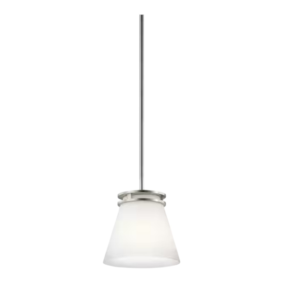 Kichler 1687NI Hendrik 8.75 in. 1-Light Brushed Nickel Contemporary Shaded Kitchen Mini Pendant Hanging Light with Etched Glass
