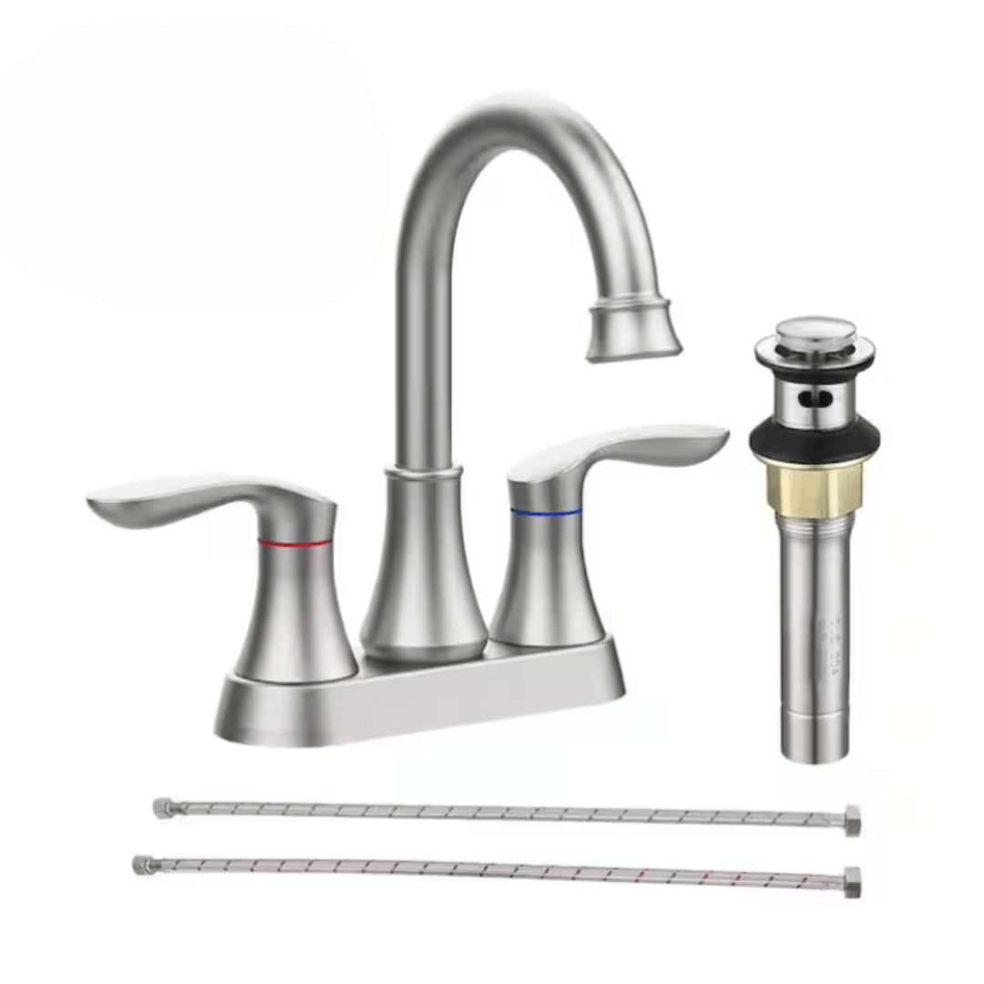 Waterpar WP-4011-NP 4 in. Centerset Double Handle High Arc Bathroom Faucet with Drain Kit Included and Pop-up Drain in Brushed Nickel