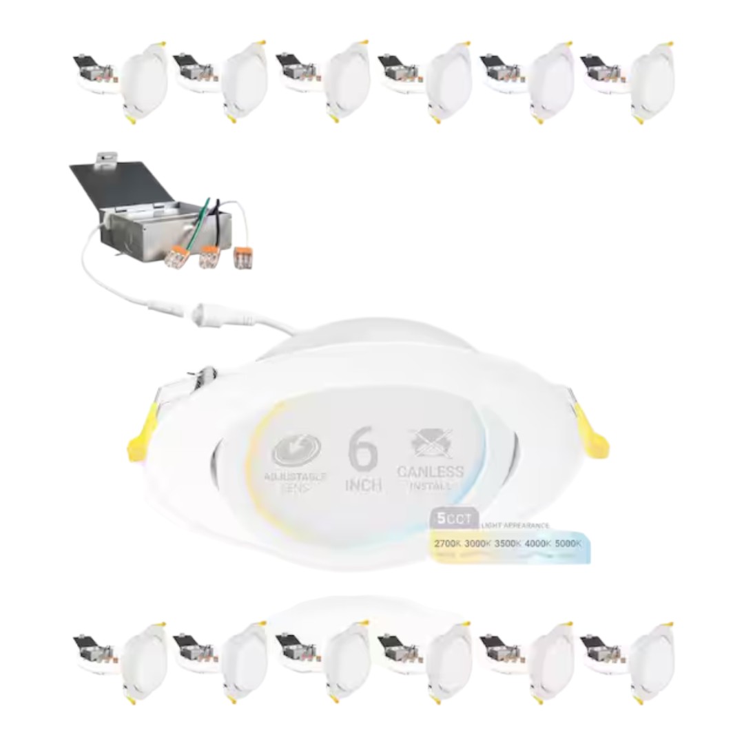 NuWatt NW-P-ADJDL-6-12W-5CT-WH-12P 6 in. LED White Adjustable Ultra Slim Canless Integrated LED Recessed Light Kit 5 CCT 2700K to 5000K Dimmable (12-Pack)
