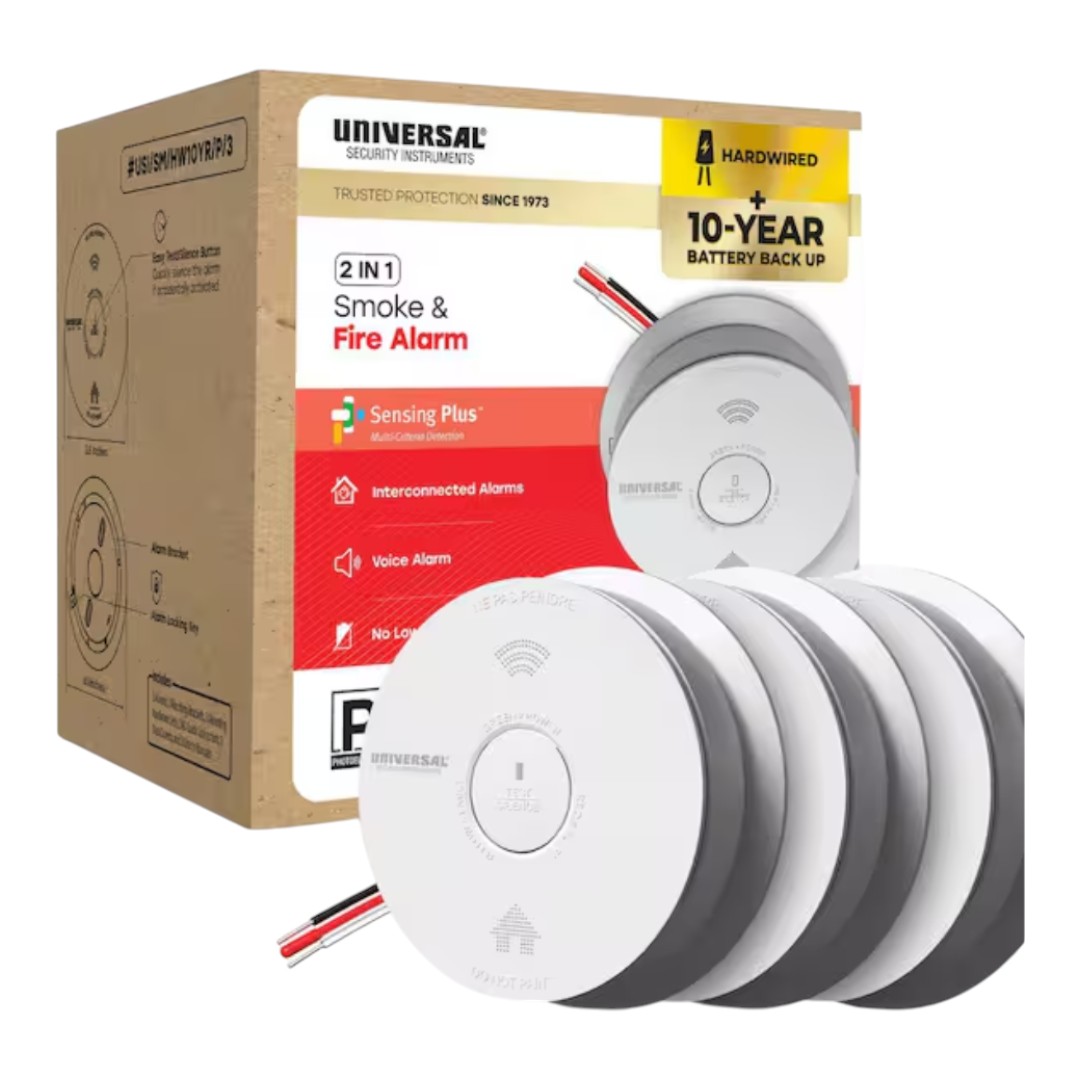 Universal Security Instruments USI/SM/HW10YR/P/3 (3-Pack) Hardwired and 10-Year Battery Backup Smoke Detector with Photoelectric Sensor and Voice Alert