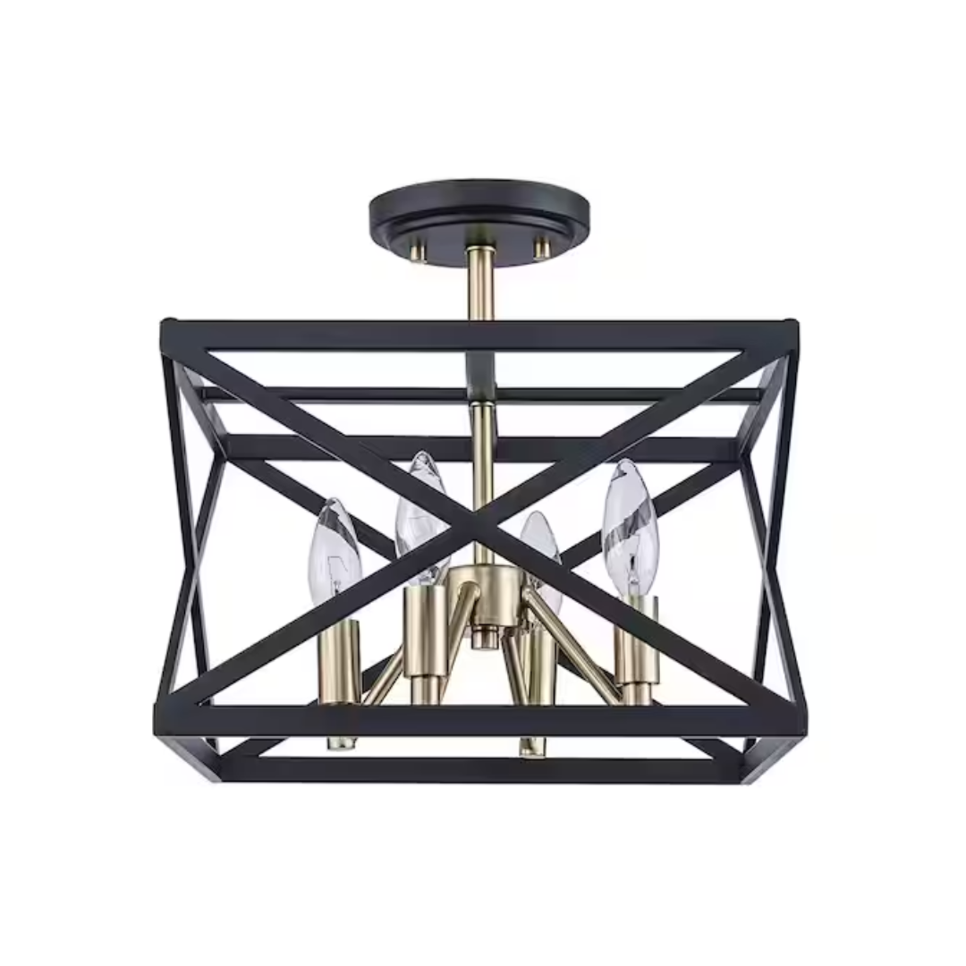 Monteaux Lighting B71054 BK-AG 13 in. 4-Light Black and Gold Semi-Flush Mount Ceiling Light with Caged Metal Shade