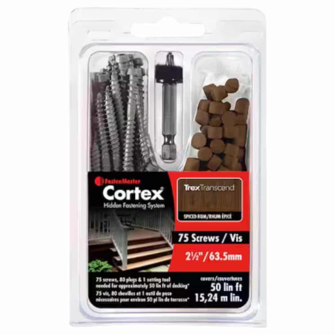 FastenMaster FMCTX-TX75TSSR Cortex Hidden Fastening System for Trex Transcend Decking – 2-1/2 inch Cortex screws and plugs – Spiced Rum (50 LF)
