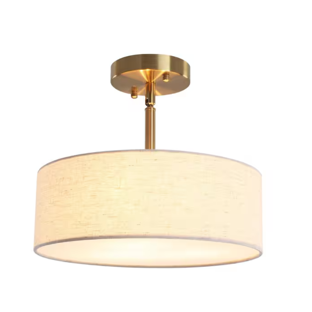 Lwytjo R-ZJX00125-3-G 12.6 in. 3-Light Gold Farmhouse Drum Semi-Flush Mount Light with Linen Cover