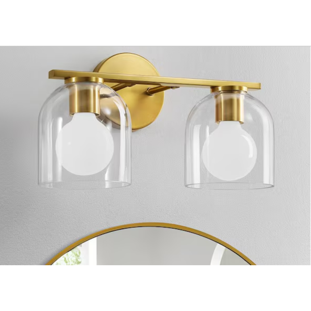 Kaisite 8202WL-02GD-US 14 in. 2-Light Modern Gold Vanity Light with Clear Glass Shade Farmhouse Wall Sconce For Bathroom Light Fixtures