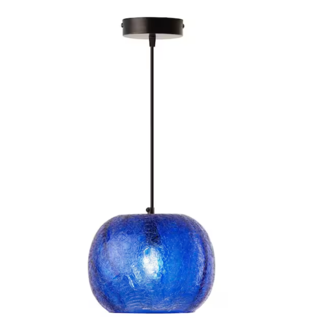 River of Goods 21270 Lily 25-Watt 1-Light Black Globe Pendant with Colored Blue Blown Glass Shade