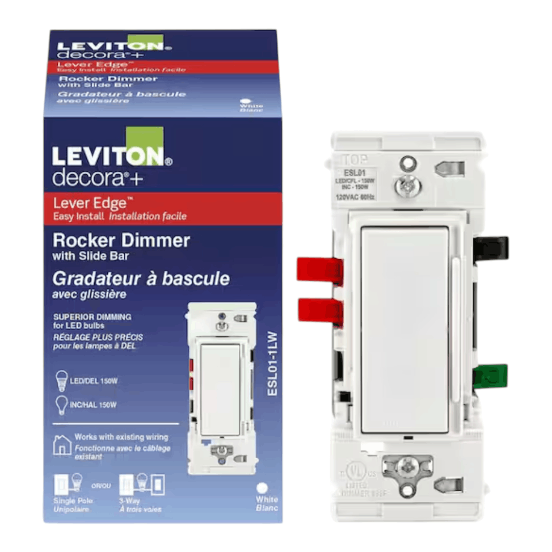 Leviton R02-ESL01-1LW Decora Lever Edge Rocker Slide Dimmer Switch for LED/INC Bulbs, 150 Watt, Single Pole or 3-Way, White (1-Pack) ESL01-1KW