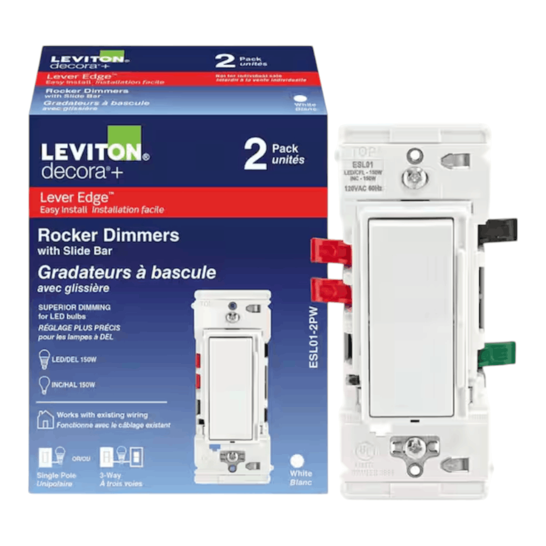 Leviton M22-ESL01-2PW Decora Lever Edge Rocker Slide Dimmer Switch for LED/INC Bulbs, 150 Watt, Single Pole or 3-Way, White (2-Pack) ESL01-2PW