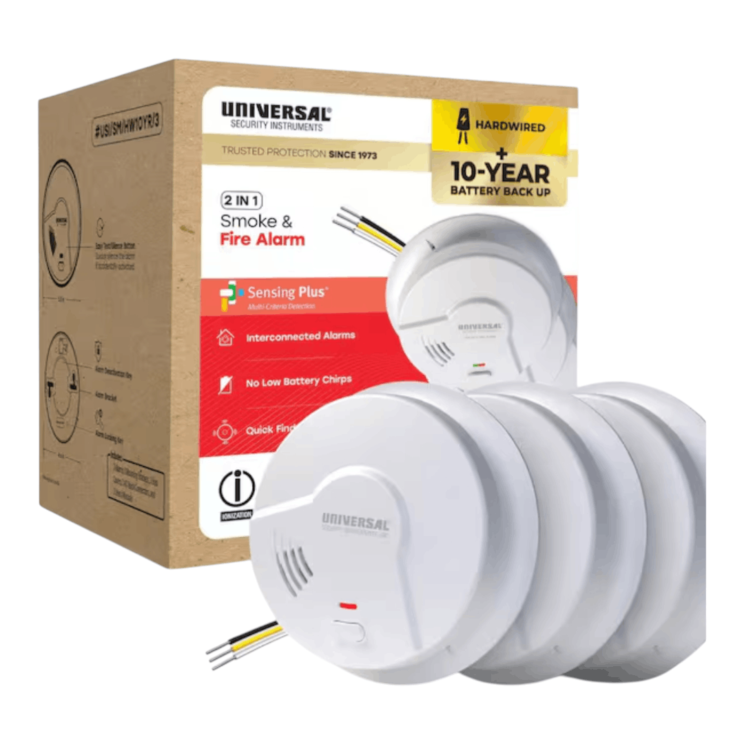 Universal Security Instruments USI/SM/HW10YR/3 (3-Pack) Hardwired & 10-Year Battery Backup Smoke Detector with Ionization Sensor