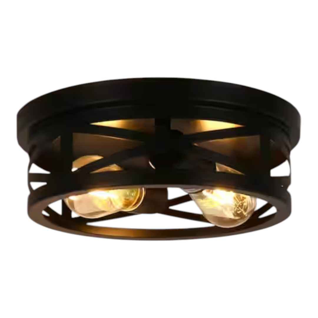 YANSUN H-CL059-2 11 in. 2-Light Black Farmhouse Flush Mount with Drum Metal Cage Shade for Entryway Bedroom(2-Pack)