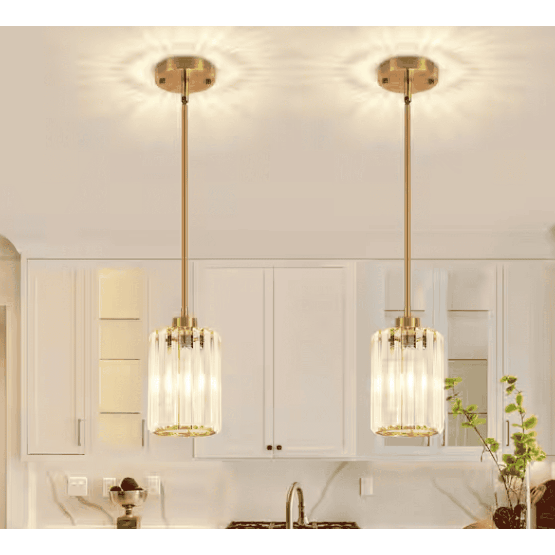 ZSMIHDOH BN1021 1-Light Gold Modern Pendant Light with Crystal Glass Shades and Adjustable Height (2-Pieces)