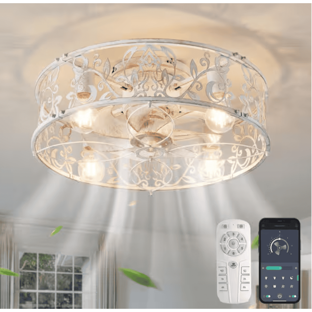 Genoci JD6033-4W 20.1 in. Indoor Distressed White Farmhouse Caged Ceiling Fan with Remote Included for Bedroom Living Room